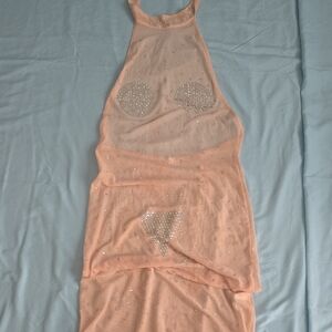 Elegant Peach Sheer Halter Dress